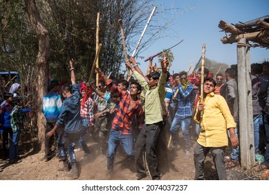 GUJARAT - INDIA - March 14, 2017: Rathva tribal people with their armament take participation in annual tribal Holi festival, Kawant village near Vadodara.