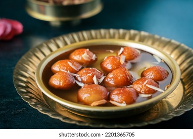 Gulab Jamun In Sugar Syrup, Indian Sweet Food For Diwali Festival. India Festivals Like Dussehra Holi Ganesh Chaturthi Ram Navmi Ramadan Pakistan India Sri Lanka Kerala