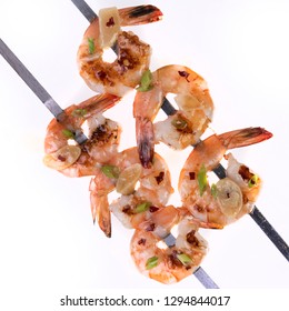 Gulf Coast Jumbo Shrimp Grill With Garlic Spice On Shrimp On A Skewer On White Background