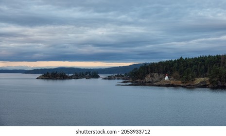 Gulf Islands On The West Coast Of Pacific Ocean. Canadian Nature Landscape Background. Summer Sunrise. Vancouver Island, BC, Canada.