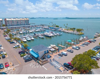 Gulf Of Mexico Florida. Sailboat, Yacht, Boat Dock. Aerial View Of Dock. Boats Moored By The Pier. Parking Lot For Cars. Ocean Blue-green Saltwater. Summer Vacations. Dunedin FL USA.