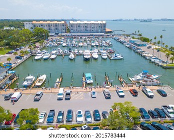 Gulf Of Mexico Florida. Sailboat, Yacht, Boat Dock. Aerial View Of Dock. Boats Moored By The Pier. Parking Lot For Cars. Ocean Blue-green Saltwater. Summer Vacations. Dunedin FL USA.