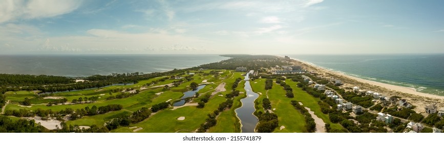 Gulf Shores, AL, USA - May 2, 2022: Aerial Panorama Kiva Dunes Public Golf Course Gulf Shores Alabama