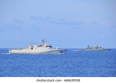 GULF OF THAILAND - 6 JUN 2015 :Indonesia navy ship KRI Usman Harun and Thai navy ship HTMS Makutrachakumarn trainning at sea in SEA GARUDA 2015 Exercise.