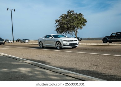 Gulfport, MS - October 04, 2023: Wide angle front corner view of a 2020 Chevrolet Camaro 2SS Coupe at a local car show.