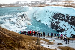 Gullfoss Is Bigger Waterfall Famous Landmark In Iceland,ice Waterfall And Snow In Winter Background 