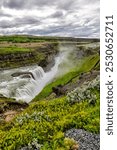 Gullfoss, Iceland - August 12, 2024: Clifftop views of Gullfoss Falls in Iceland
