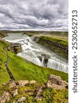 Gullfoss, Iceland - August 12, 2024: Clifftop views of Gullfoss Falls in Iceland
