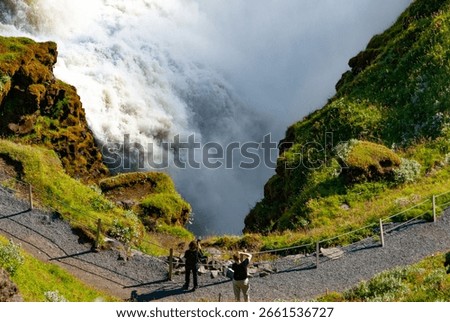 Gullfoss is two separate waterfalls; the upper one has a drop of 11 meters and the lower one 21 meters. In south Iceland.