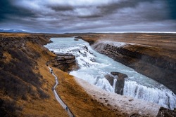 Gullfoss Waterfall Or "Golden Waterfall" Is Part Of The Golden Circle, A Massive, Two-tiered Waterfall In Iceland. Gullfoss Is The Largest Volume Waterfall In Europe