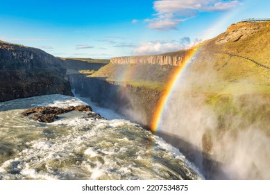 Gullfoss Waterfall With The Rainbow In Summer (bird's Eye View), Iceland	