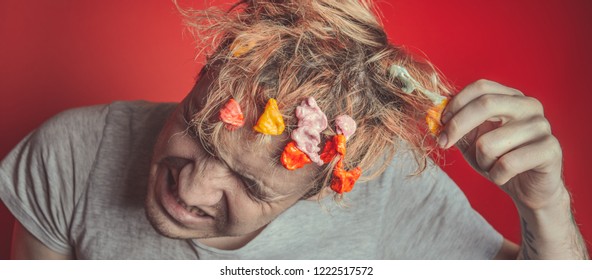 Gum In His Head. Portrait Of Man With Chewing Gum In His Head. Man With Hair Covered In Food. Closeup Portrait Of An Angry  Man Who Has Opened A Tin Of Food  And It Has Ended Up In His Hair , Red Back