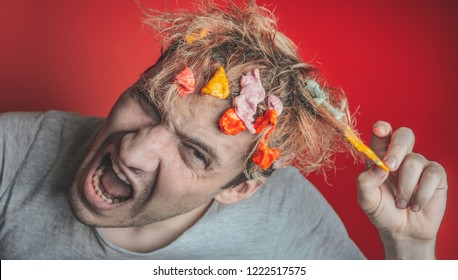 Gum In His Head. Portrait Of Man With Chewing Gum In His Head. Man With Hair Covered In Food. Closeup Portrait Of An Angry  Man Who Has Opened A Tin Of Food  And It Has Ended Up In His Hair , Red Back