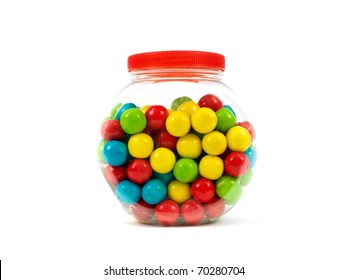 Gumballs in a jar isolated against a white background