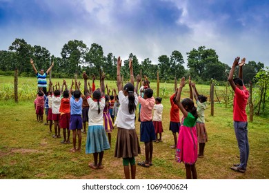 Gumla/India 5 September 2017 Morning Ecercise On Rural School Run By NGO In Luchutpath, Gumla, India