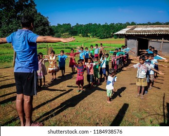 Gumla,Jharkhand -September 01,2018; Picture Of Morning Exerciser By Children Taken At Village School Run By NGO At Gumla, Jharkhand, India.