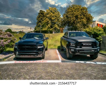 Gummersbach, Germany - June 13, 2021: Two Dodge Ram pickup trucks are for sale at a car dealership in Gummersbach.