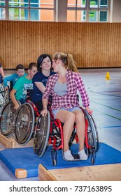 Gummersbach, Germany - May 18, 2014: Disabled teenagers in wheelchair sports in the sports hall