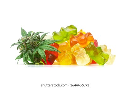 Gummy Bear Medical Marijuana Edibles, Candies Infused With CBD Or THC, With Cannabis Bud Isolated On White Background