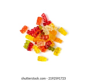 Gummy Bears Pile Isolated. Chewing Colorful Marmalade, Jelly Bear Heap, Gelatin Candy Set On White Background Top View