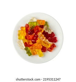 Gummy Bears Pile Isolated. Chewing Colorful Marmalade, Jelly Bear Heap, Gelatin Candy Set On White Plate Background Top View