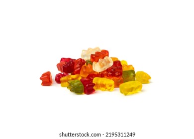 Gummy Bears Pile Isolated. Chewing Colorful Marmalade, Jelly Bear Heap, Gelatin Candy Set On White Background Side View