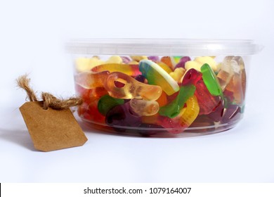 Gummy Candies In A See Through Round Box With A Price Tag