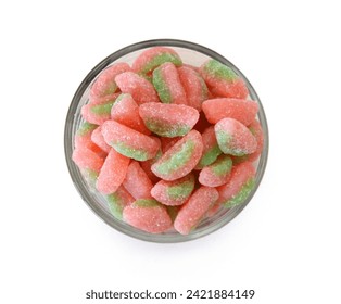 Gummy rings shaped cutter, isolated in glass bowl on white background