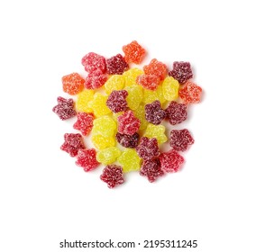 Gummy Stars Pile Isolated. Chewing Colorful Marmalade, Jelly Star Heap, Gelatin Candy Set On White Background Top View