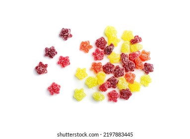 Gummy Stars Pile Isolated. Chewing Colorful Marmalade, Jelly Star Heap, Scattered Gelatin Candy Set On White Background Top View