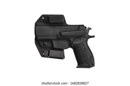 Gun in holster. Modern plastic holster for gun isolate on white background. - Shutterstock ID 1682828827