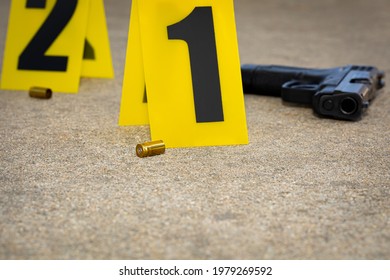 Gun Shell Casing At Crime Scene. Gun Violence, Mass Shooting And Homicide Investigation Concept.