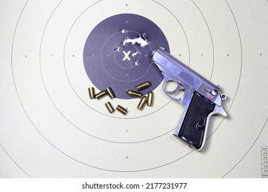 Gun And Shooting Target With Bullet Holes. Classic Paper Shooting Target. Holes In Target. For Sport, Hunters, Military, Police. Sport Shooting Circle Target Accuracy Bullet Hole.