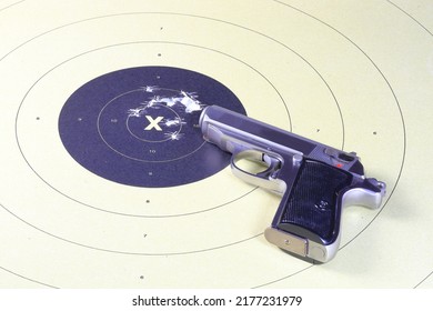 Gun And Shooting Target With Bullet Holes. Classic Paper Shooting Target. Holes In Target. For Sport, Hunters, Military, Police. Sport Shooting Circle Target Accuracy Bullet Hole.