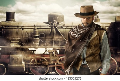 Gunfighter of the wild west at the train station.