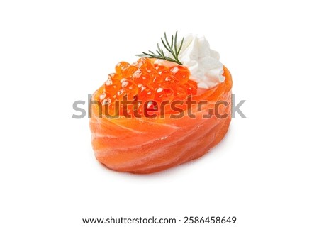 Gunkan Maki Sushi with salmon, salmon caviar (Ikura)  on white background. Salmon Roe Gunkan Maki Sushi. Side view Sushi menu. Japanese food. Isolated