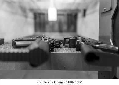 Guns at the indoor firing range. 