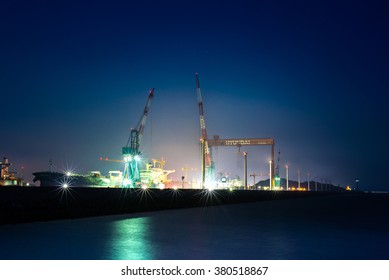 Gunsan, South Korea - 30 MAY, 2015 - View Of Creating Ships In Hyundai Shipyard