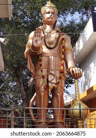 Gurgaon, Haryana  India - Jul 13 2021 : indian god lord hanuman's 40 feet tall statue in a hindu temple in hanuman chowk, Gurgaon, india