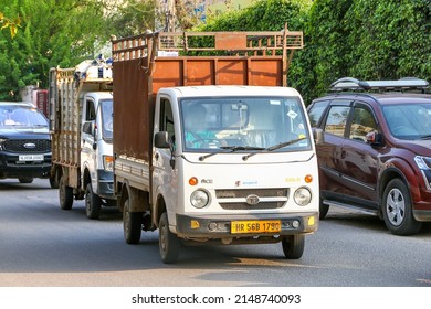 Gurgaon, India - March 3, 2022: Urban Minitruck Tata Ace Gold In A City Street.