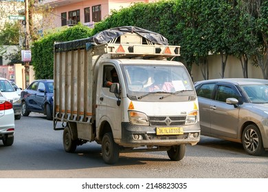 Gurgaon, India - March 3, 2022: Tiny Agricultural Lorry Tata Ace In A City Street.