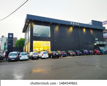 Gurgaon/Gurugram, Haryana, India - 21 July, 2019: Street Of Gurgaon City, Rainy Day , Nexa Car Showroom.