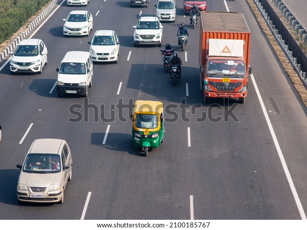Gurugram, Haryana, India-21 2021: \
heavy\
Traffic on Delhi Jaipur super Expressway\
