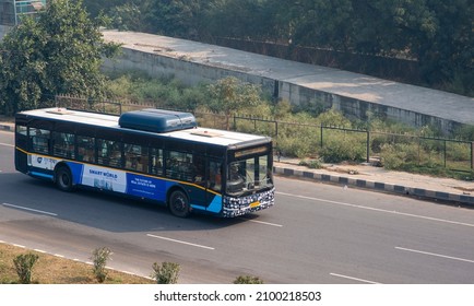 Gurugram, Haryana, India-21 2021: Gurugram Metropolitan City CNG Bus on Delhi Jaipur Expressway 