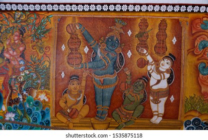 Guruvayoor-Kerala/India-11-09-2019-Traditional mural paintings were painted on the Guruvayoor Temple outer walls for the tourist to see and learn our unique style of art.