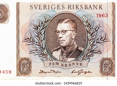 Gustaf VI Adolf Of Sweden, Portrait From Sweden 5 Kronor 1963 Banknotes. 