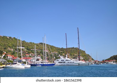 Gustavia,Saint Barthelemy-March 13,2014:Side View,close Up Of Catamarans And Luxury Yachts In The Port,marina,harbour.