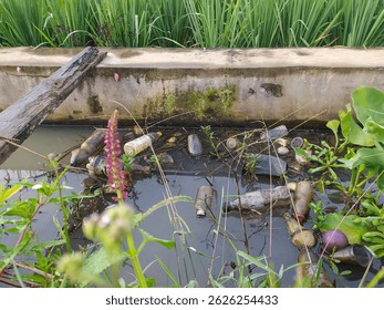 The gutter is dirty with garbage.