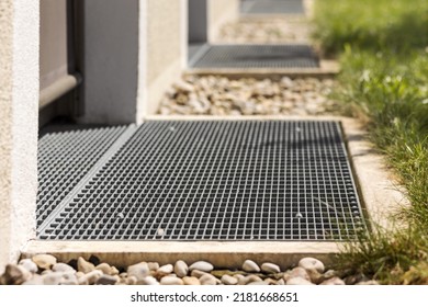 Gutter Drain Grate, Drain Cover, Drain Grid In Front Of Door. Floor Drains - Sewer Cover. Stainless Grate Of Water Drain In Front Of Entrance Door.