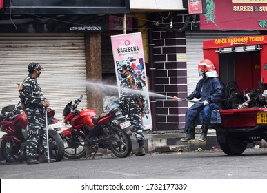 Guwahati, Assam, India. 15 May 2020. A Fire Fighter Spray Disinfectant At Fancy Bazar Area, During The Ongoing COVID-19 Nationwide Lockdown, In Guwahati.